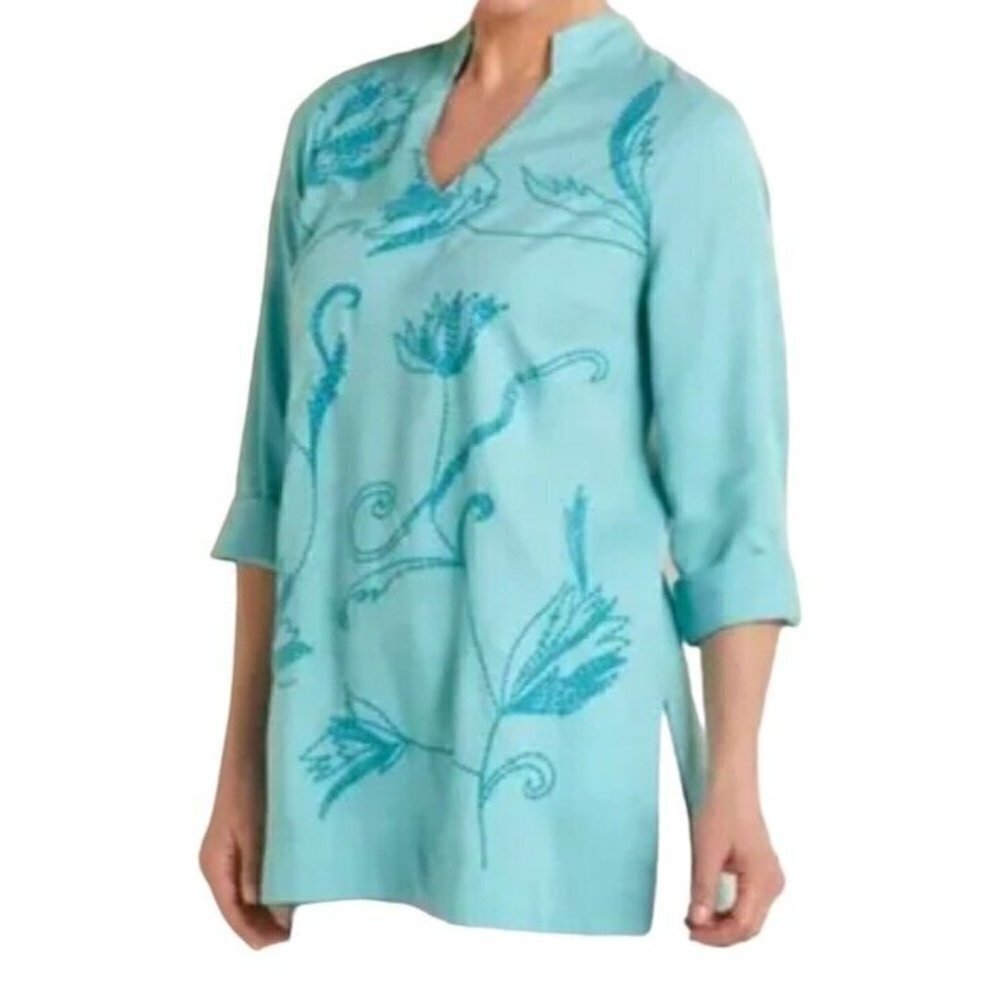 Soft Surroundings Artista Aqua Blue Embroidered 3/4 Sleeved Tunic Top Size XS